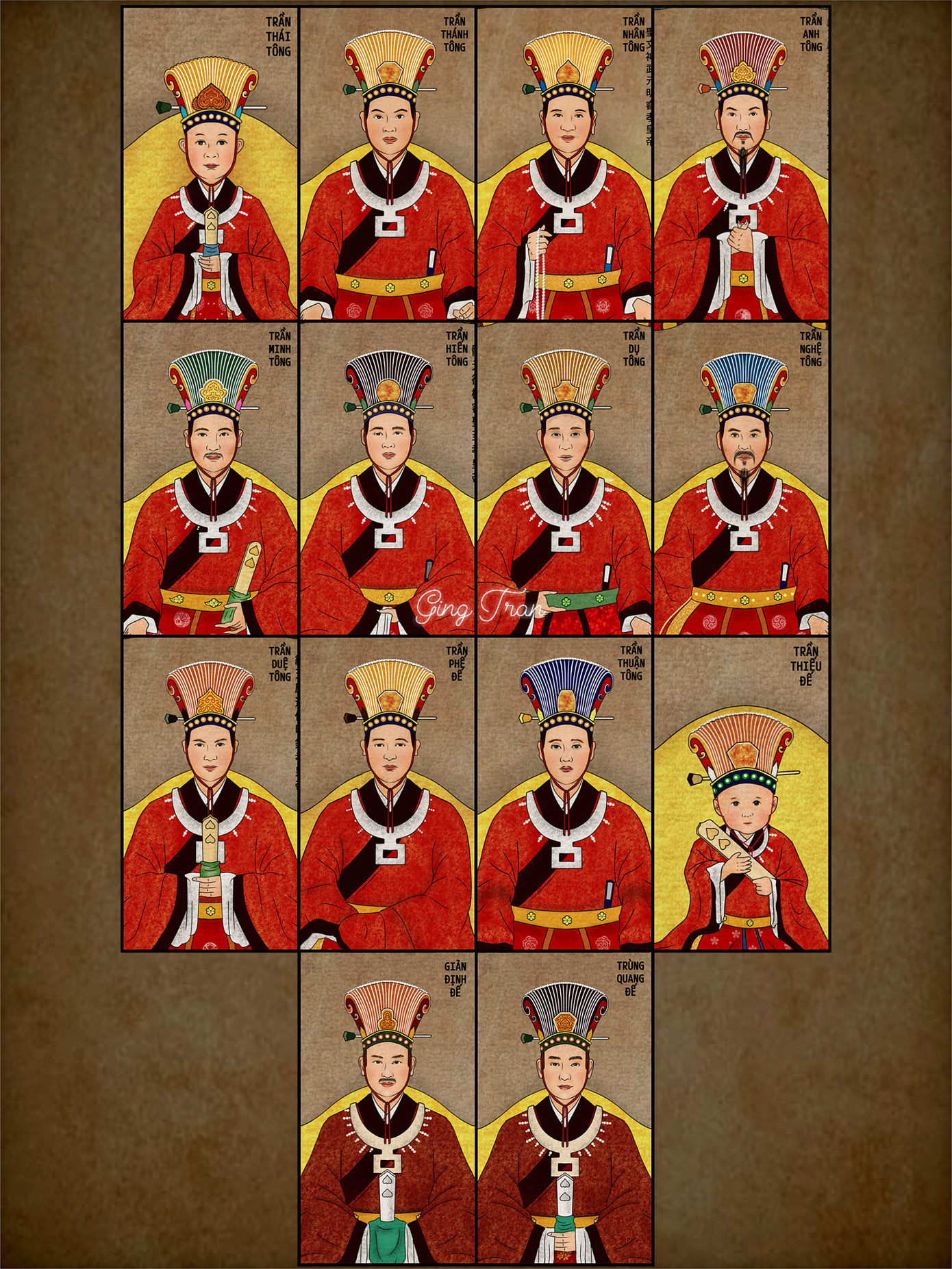 Các nhân vật lịch sử được phỏng dựng trong tranh của Ging Tran luôn toát lên phong thái uy nghiêm của bậc tiền nhân. Ảnh bộ tranh phục dựng tổng 14 vị vua nhà Trần và Hậu Trần. (Ảnh: NVCC) Các nhân vật lịch sử được phỏng dựng trong tranh của Ging Tran luôn toát lên phong thái uy nghiêm của bậc tiền nhân. Ảnh bộ tranh phục dựng tổng 14 vị vua nhà Trần và Hậu Trần. (Ảnh: NVCC)