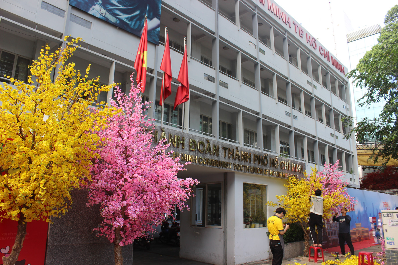 Đối diện Nhà văn hóa Thanh niên là Thành Đoàn TP. HCM cũng rực rỡ bởi sắc vàng của hoa mai và sắc hồng của hoa đào. Đối diện Nhà văn hóa Thanh niên là Thành Đoàn TP. HCM cũng rực rỡ bởi sắc vàng của hoa mai và sắc hồng của hoa đào.