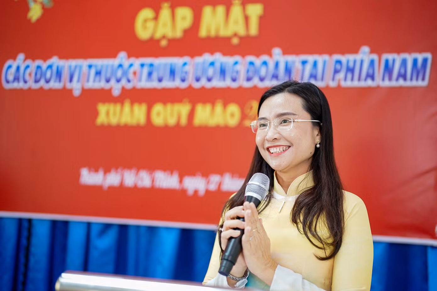 Bí thư T.Ư Đoàn Nguyễn Phạm Duy Trang phát biểu tại buổi gặp gỡ. (Ảnh: Phạm Nguyễn)