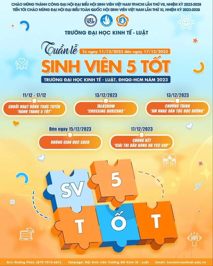Lịch trình Tuần lễ 'Sinh viên 5 tốt' của trường ĐH Kinh tế - Luật. (Ảnh: Fanpage) Lịch trình Tuần lễ 'Sinh viên 5 tốt' của trường ĐH Kinh tế - Luật. (Ảnh: Fanpage)