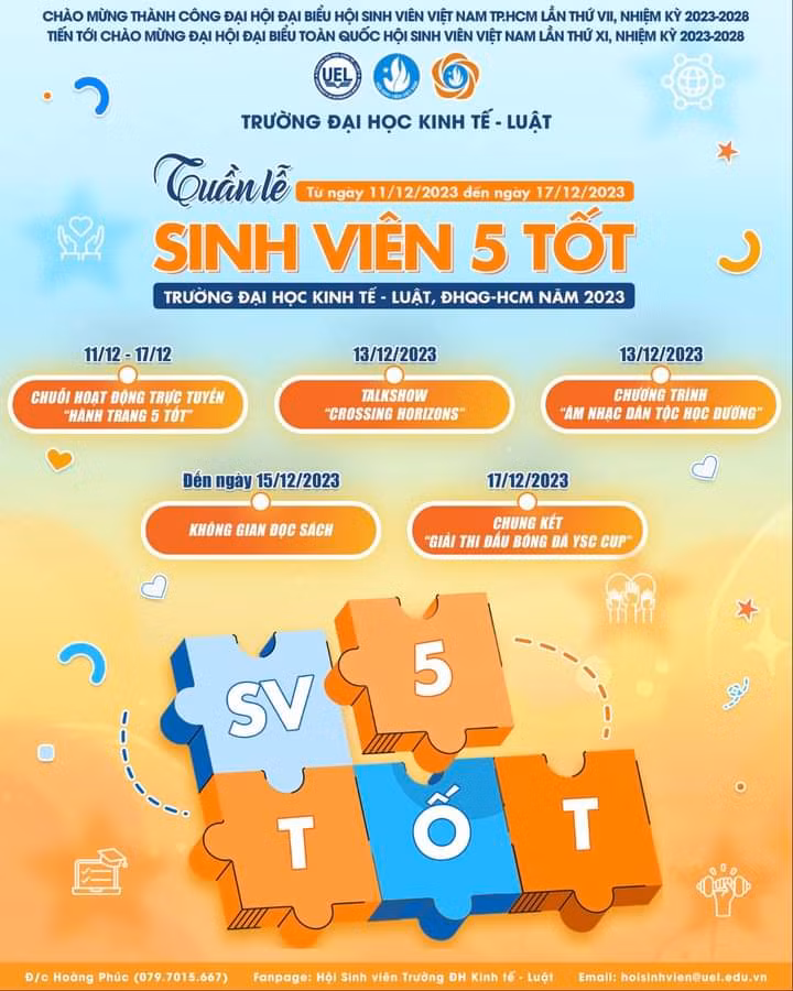 Lịch trình Tuần lễ 'Sinh viên 5 tốt' của trường ĐH Kinh tế - Luật. (Ảnh: Fanpage) Lịch trình Tuần lễ 'Sinh viên 5 tốt' của trường ĐH Kinh tế - Luật. (Ảnh: Fanpage)