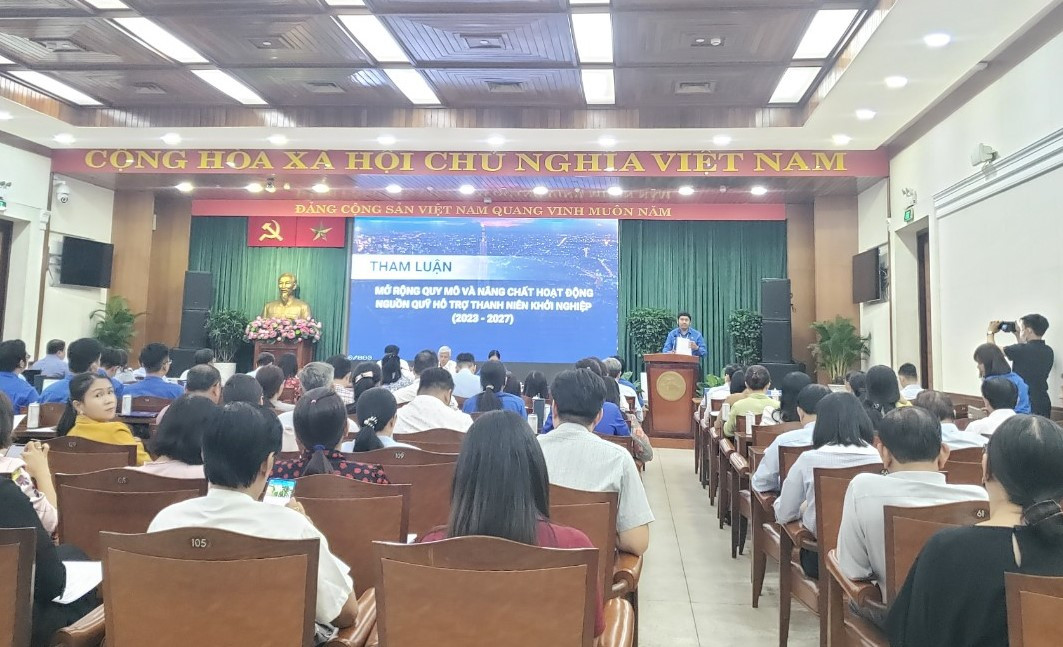 Anh Bùi Hữu Hồng Hải - Phó chủ tịch Hội LHTN Việt Nam TPHCM trình bày tham luận tại hội nghị.