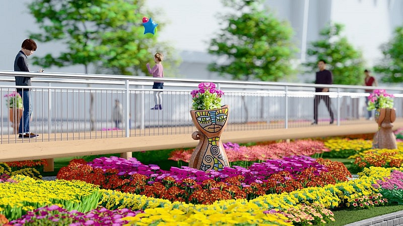 Cầu đi bộ được phối cảnh ấn tượng tại Đường hoa Nguyễn Huệ. (Ảnh: BTC)