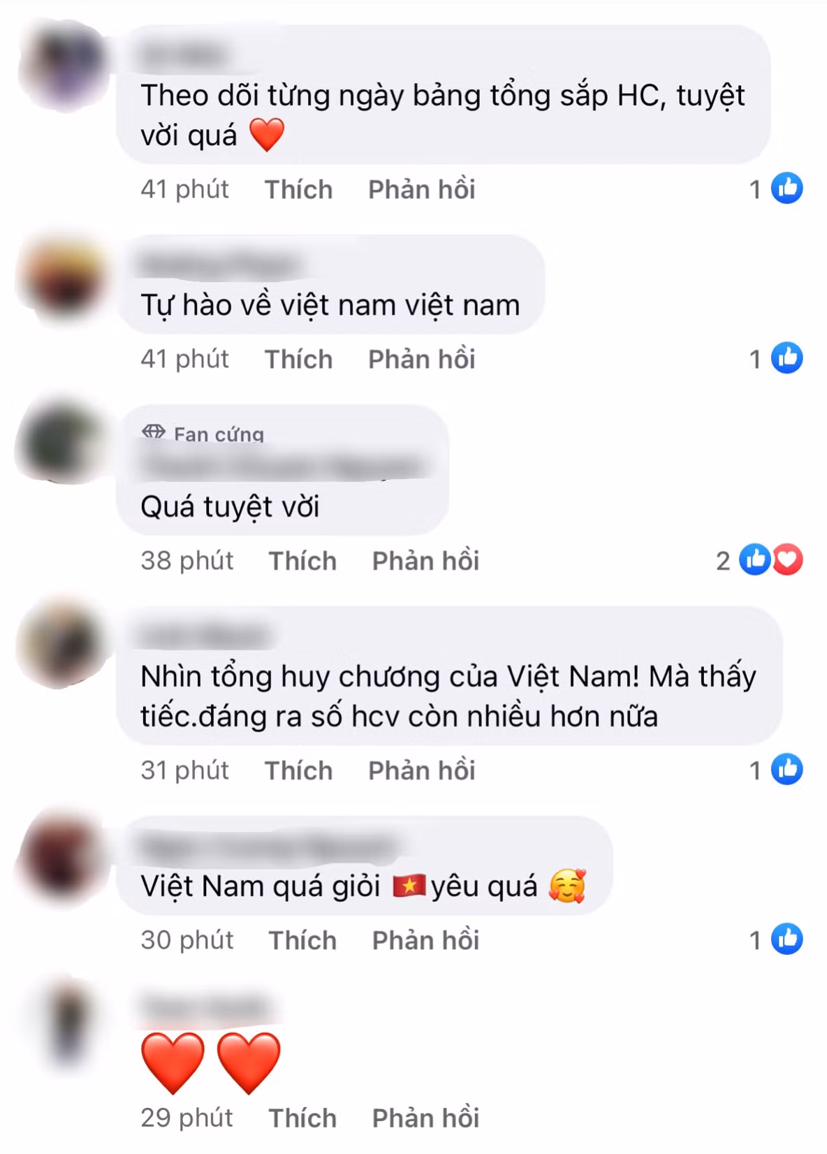Nhiều người xem bày tỏ cảm xúc trước thành tích tuyệt vời của Đoàn Thể thao Việt Nam trên mạng xã hội. Nhiều người xem bày tỏ cảm xúc trước thành tích tuyệt vời của Đoàn Thể thao Việt Nam trên mạng xã hội.