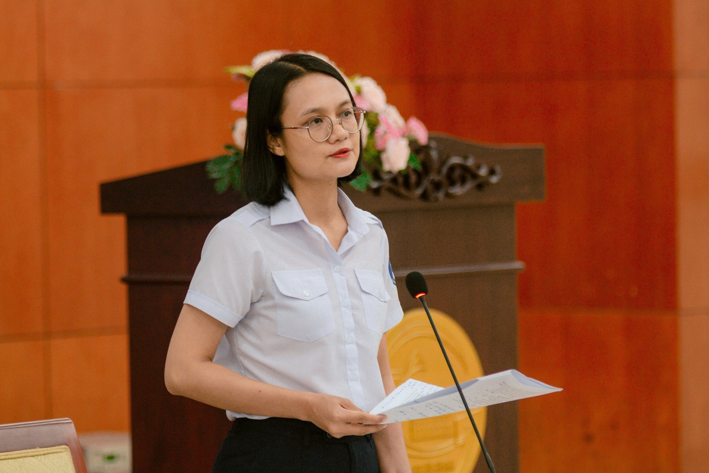 Chủ tịch Hội Sinh viên TP. HCM Trần Thu Hà phát biểu tại buổi gặp mặt.