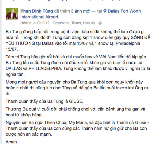 Phan Đinh Tùng huỷ show bên Mỹ để về bên cha đang hấp hối ảnh 1