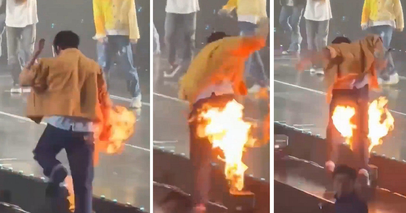 Yoon Jaehyuk bị súng phun lửa phun trúng người. Ảnh: HK01. Yoon Jaehyuk bị súng phun lửa phun trúng người. Ảnh: HK01.