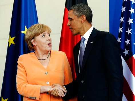 Tổng thống Mỹ Barack Obama và Thủ tướng Đức Angela Merkel tại Berlin hồi tháng 6. Ảnh: Getty Images
