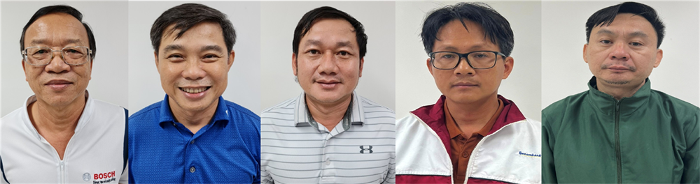 Các bị can (từ trái qua phải): Trần Ngọc Linh; Nguyễn Thành Ngôn; Trương Tấn Đạt; Lê Quang Nghĩa; Tạ Thúc Thông. Các bị can (từ trái qua phải): Trần Ngọc Linh; Nguyễn Thành Ngôn; Trương Tấn Đạt; Lê Quang Nghĩa; Tạ Thúc Thông.