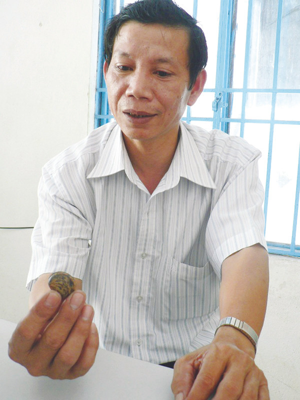 Ảnh 3: Ông Túc giới thiệu về viên ngọc rắn. Ảnh: Nguyễn Huy. Ảnh 3: Ông Túc giới thiệu về viên ngọc rắn. Ảnh: Nguyễn Huy