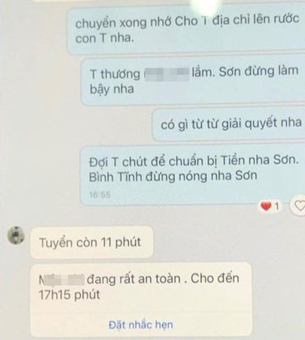 Hình ảnh tin nhắn đối tượng Sơn gửi cho gia đình đòi tiền chuộc.
