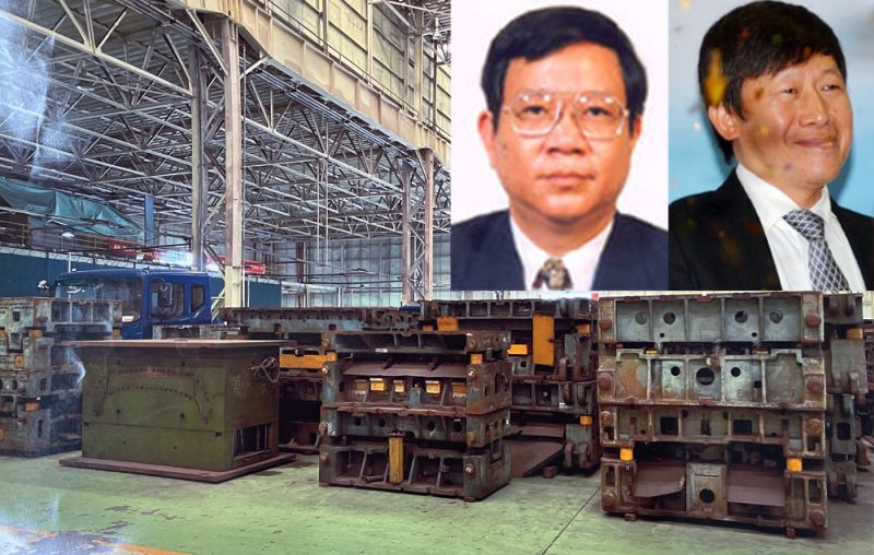 Hàng trăm bộ khuôn dập cabin ô tô được mua về nhưng “đắp chiếu” nhiều năm, gây lãng phí của Nhà nước (ảnh lớn) và hai bị can Giang, Tuấn.