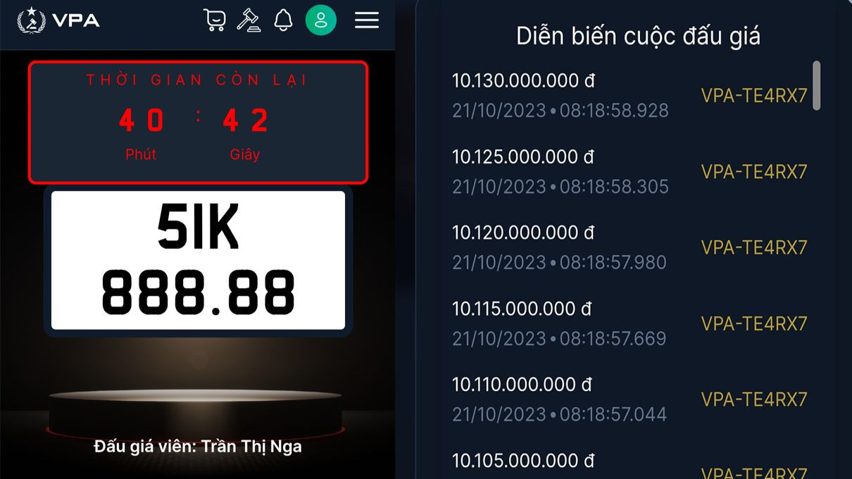 Diễn biến phiên đấu giá biển số 51K-888.88,.
