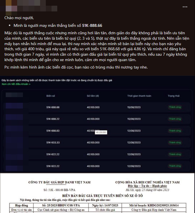 Một biển số trúng đấu giá 110 triệu đồng được rao sang nhượng 400 triệu đồng. Một biển số trúng đấu giá 110 triệu đồng được rao sang nhượng 400 triệu đồng.
