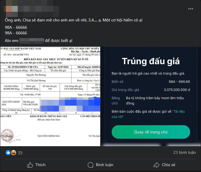 Một số người đăng tải bài viết sang nhượng biển số trúng đấu giá. Một số người đăng tải bài viết sang nhượng biển số trúng đấu giá.