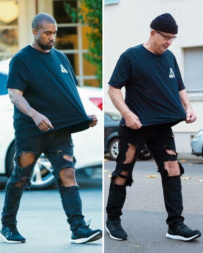 Lần khác, &quot;ông ngoại&quot; nổi tiếng mạng xã hội lại hóa trang thành Kayne West phiên bản &quot;bụi bặm&quot; hơn với jeans đen rách gối và áo phông cùng màu