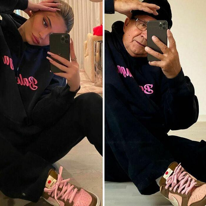 Ngay cả trang phục màu hồng nữ tính và cách tạo dáng của các sao nữ như tỷ phú nóng bỏng Kylie Jenner cũng không làm khó được cụ ông sành điệu