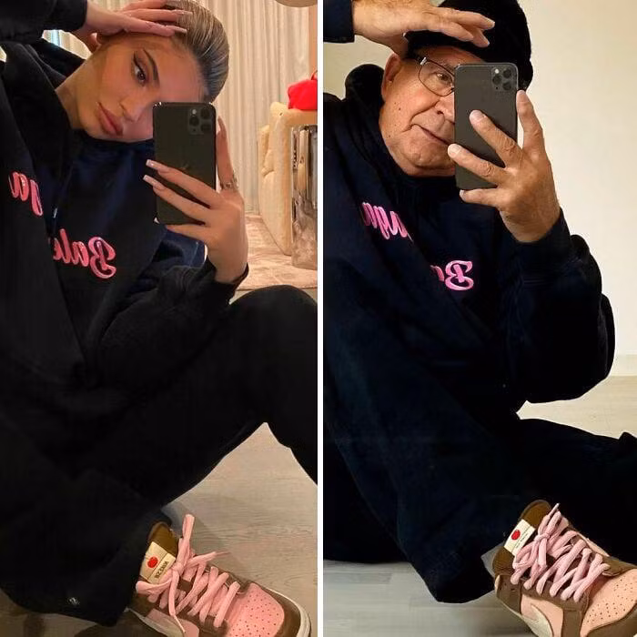 Ngay cả trang phục màu hồng nữ tính và cách tạo dáng của các sao nữ như tỷ phú nóng bỏng Kylie Jenner cũng không làm khó được cụ ông sành điệu