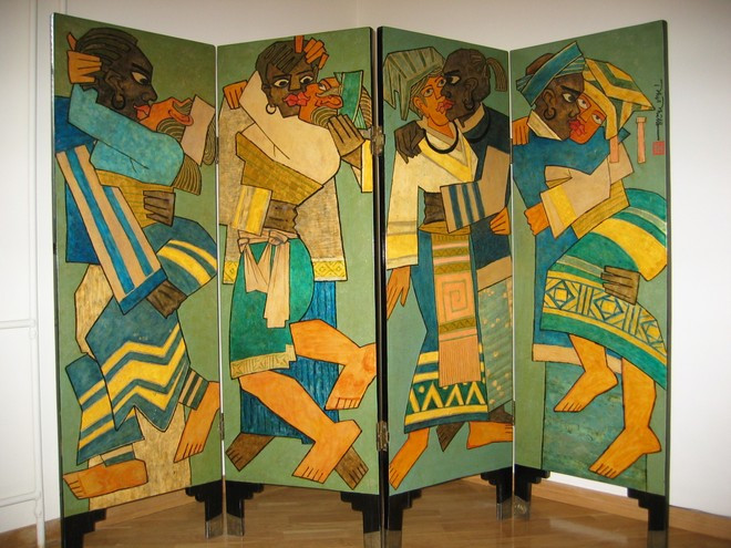 Bình phong sơn mài Những nụ hôn tình yêu.