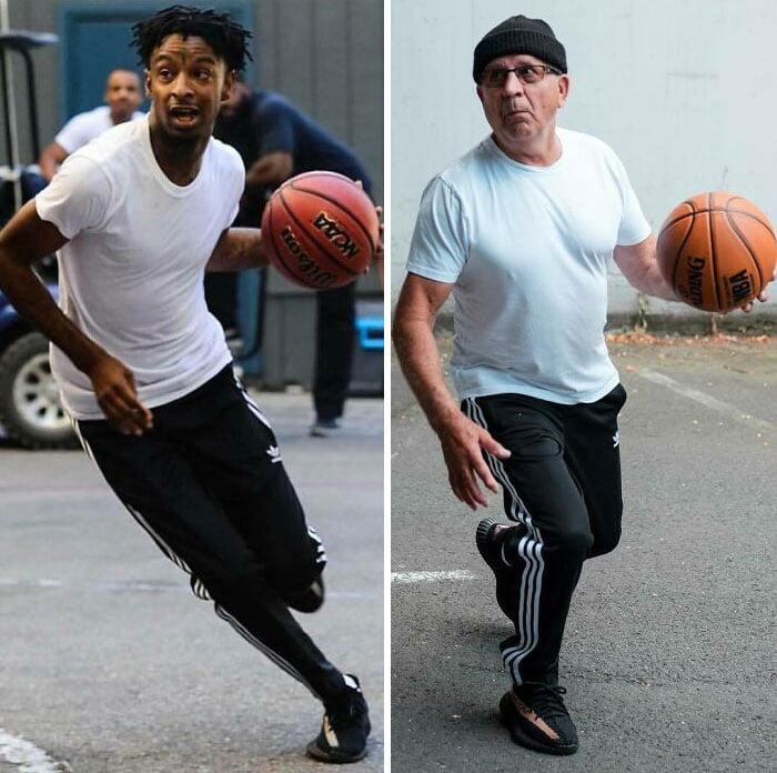 Không chỉ tạo dáng chụp ảnh thông thường, ngay cả động tác chơi bóng rổ của rapper 21 Savage cũng được mô phỏng y chang