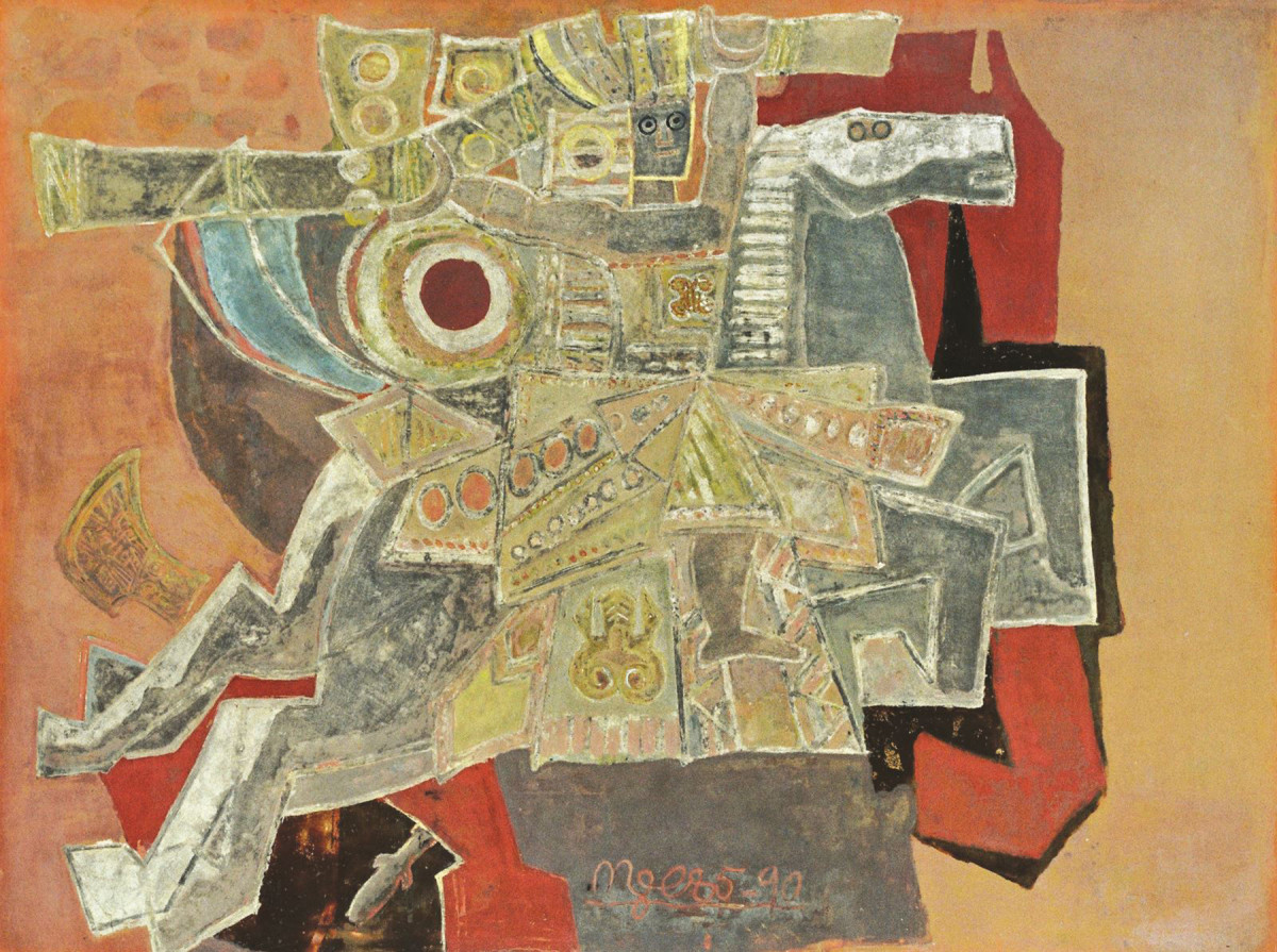 Tranh sơn mài Gióng của họa sĩ Nguyễn Tư Nghiêm (sáng tác năm 1990) khắc họa hình tượng Thánh Gióng trong truyền thuyết bằng ngôn ngữ lập thể. Họa sĩ đan xen nhiều họa tiết, hoa văn từ nghệ thuật Đông Sơn trên trang phục và vũ khí. Tác phẩm được đánh giá vừa đậm chất dân tộc vừa mang tính hiện đại. Năm 1990, tranh sơn mài Gióng giành giải nhất trong triển lãm Mỹ thuật toàn quốc.