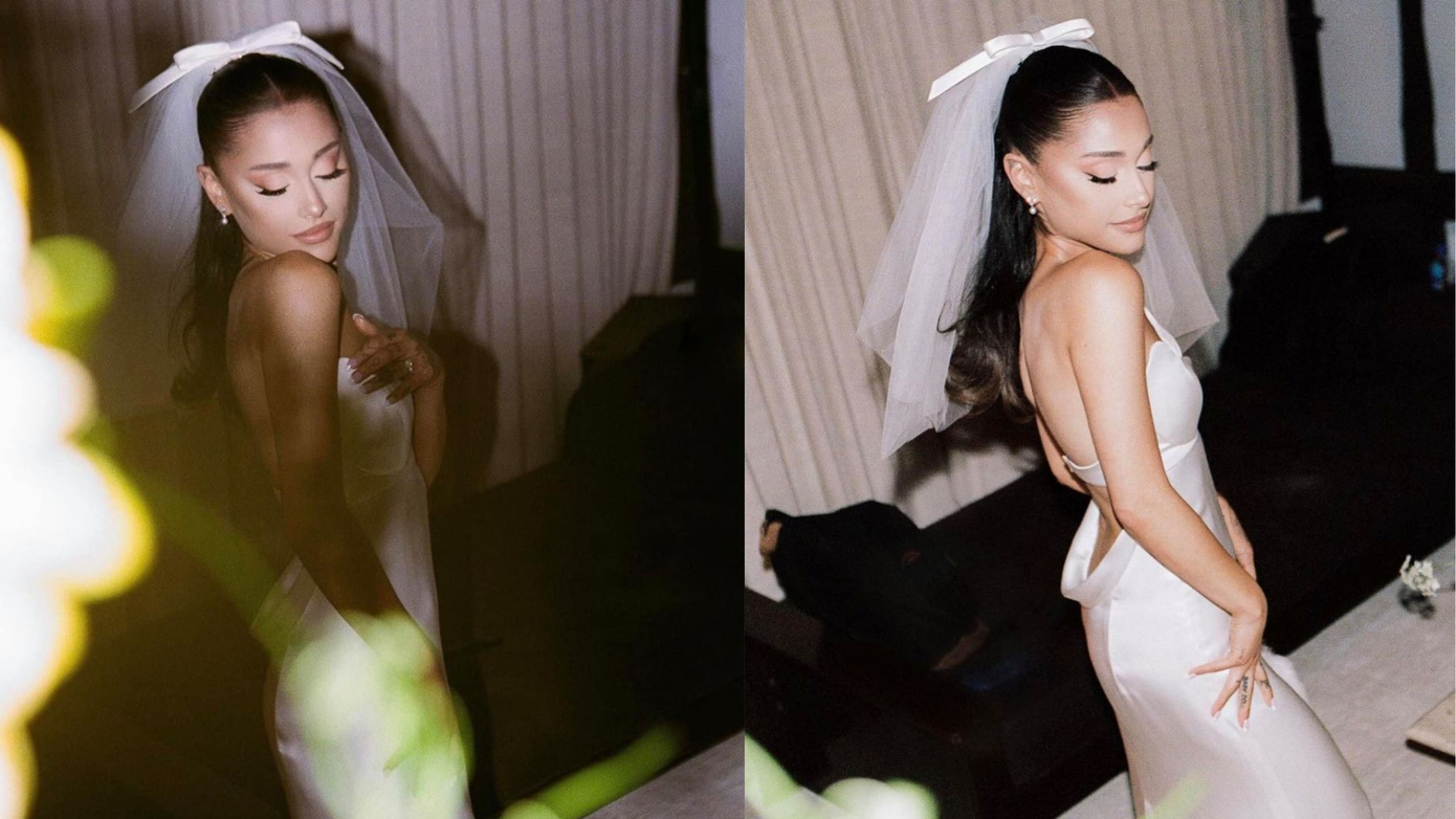 Cô dâu xinh đẹp, yêu kiều trong chiếc váy cưới làm bằng lụa satin của nhà mốt đình đám Vera Wang. Phần lưng khoét sâu giúp thân hình nữ ca sĩ thon gọn, mảnh mai hơn