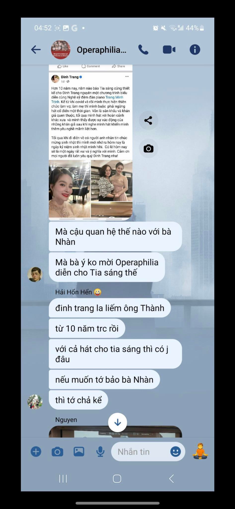 Đoạn tin nhắn được cho là bôi nhọ, đặt điều về ca sĩ Đinh Trang trong nhóm chat có sự tham gia của Lan Quỳnh. Đoạn tin nhắn được cho là bôi nhọ, đặt điều về ca sĩ Đinh Trang trong nhóm chat có sự tham gia của Lan Quỳnh.