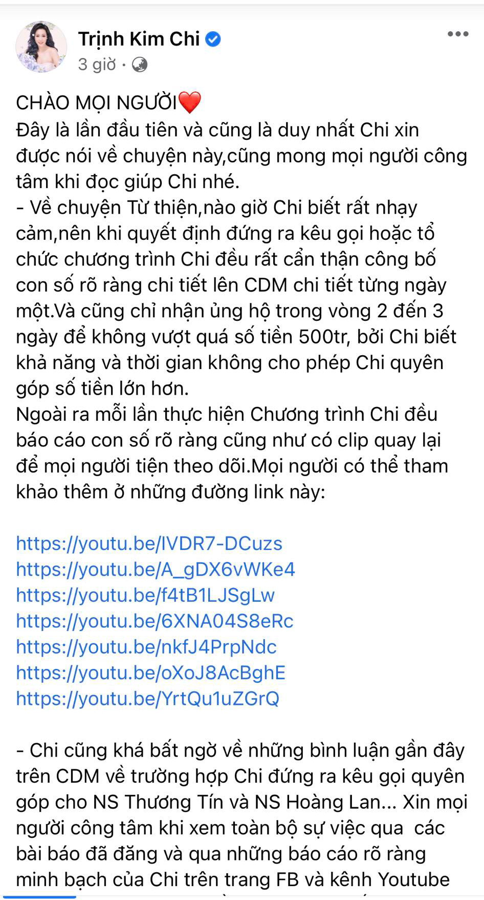 Dòng trạng thái trên trang cá nhân của Trịnh Kim Chi