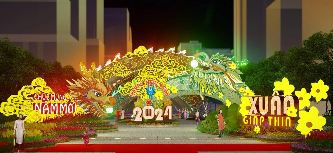 Những phác thảo đầu tiên của đường hoa Nguyễn Huệ Tết Giáp Thìn 2024 vừa được công bố. Hình ảnh linh vật rồng là điểm nhấn ở cổng chào. Hai con rồng uốn lượn dài 100 m, hứa hẹn tạo ấn tượng cho khách tham quan. Ngoài việc lập kỷ lục về kích thước con giáp từng xuất hiện trên đường hoa Nguyễn Huệ, linh vật rồng năm nay được tạo hình thân thiện với môi trường, hơn 90% chất liệu là mây tre và mành quạt nan.