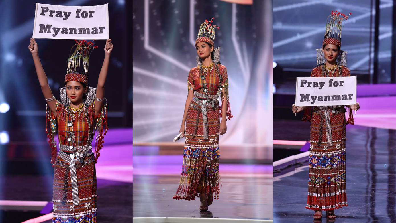 Trong đêm chung kết Hoa hậu Hoàn vũ Thế giới lần thứ 69 diễn ra ngày 17/5 vừa qua, đại diện Myanmar có chiến thắng khá bất ngờ ở phần thi trang phục dân tộc khi trình diễn một bộ đồ thay thế sau sự cố thất lạc hành lý. Candy Thuzar cũng rất dũng cảm khi giơ cao biểu ngữ &quot;Cầu nguyện cho Myanmar&quot; trong bối cảnh chính trị phức tạp tại quốc gia này
