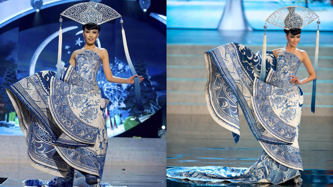 Hai năm sau đó, người đẹp Trung Quốc mang đến Hoa hậu Hoàn vũ Thế giới một trong những thiết kế độc lạ nhất lịch sử cuộc thi, đó là bộ váy lấy cảm hứng từ chiếc bình cổ của nhà thiết kế Guo Pei