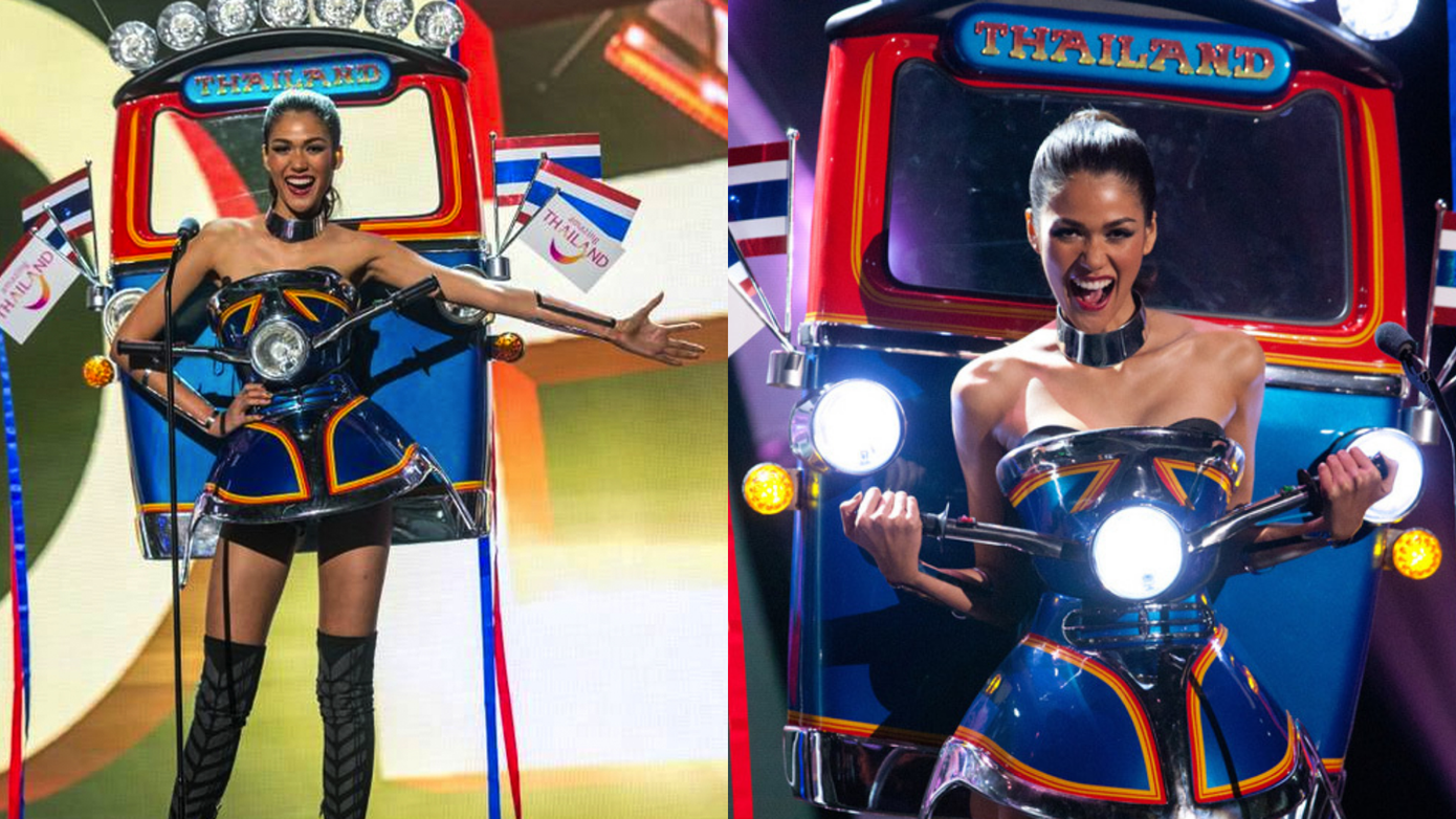 Hoa hậu Thái Lan Aniporn Chalermburanawong chiến thắng phần thi năm 2015 với bộ trang phục lấy cảm hứng từ xe tuk tuk - phương tiện quen thuộc của ngành du lịch Thái Lan. Sau phần thi trang phục dân tộc, người đẹp cũng đạt thành tích top 10 chung cuộc