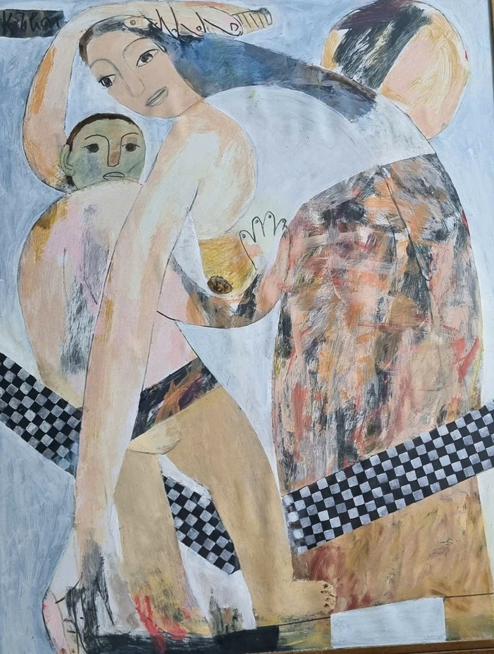 Tác phẩm Mẹ và con (trái) của họa sĩ Kim Thái và Góc bình yên của họa sĩ Đỗ Thúy Hằng tham gia chương trình đấu giá.