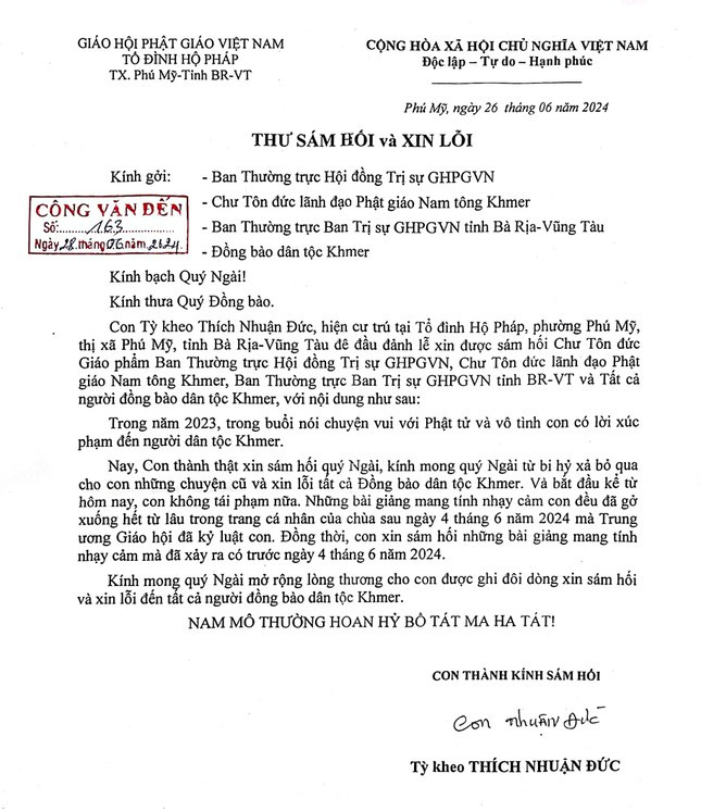 Thư sám hối và xin lỗi đồng bào Khmer của Đại đức Thích Nhuận Đức. Ảnh: Ban Trị sự GHPGVN tỉnh Bà Rịa - Vũng Tàu.