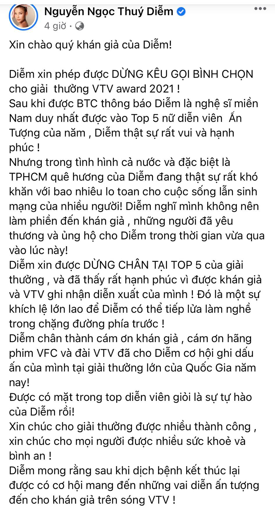 Dòng trạng thái của Thúy Diễm về việc xin dừng bước tại VTV Awards 2021.