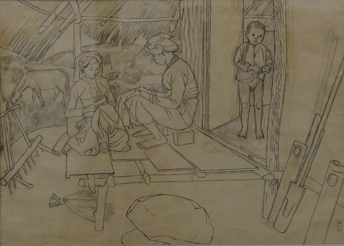 Hai tác phẩm Chuẩn bị đi chợ (trái) và May áo, đều được vẽ năm 1954. Hai tác phẩm Chuẩn bị đi chợ (trái) và May áo, đều được vẽ năm 1954.