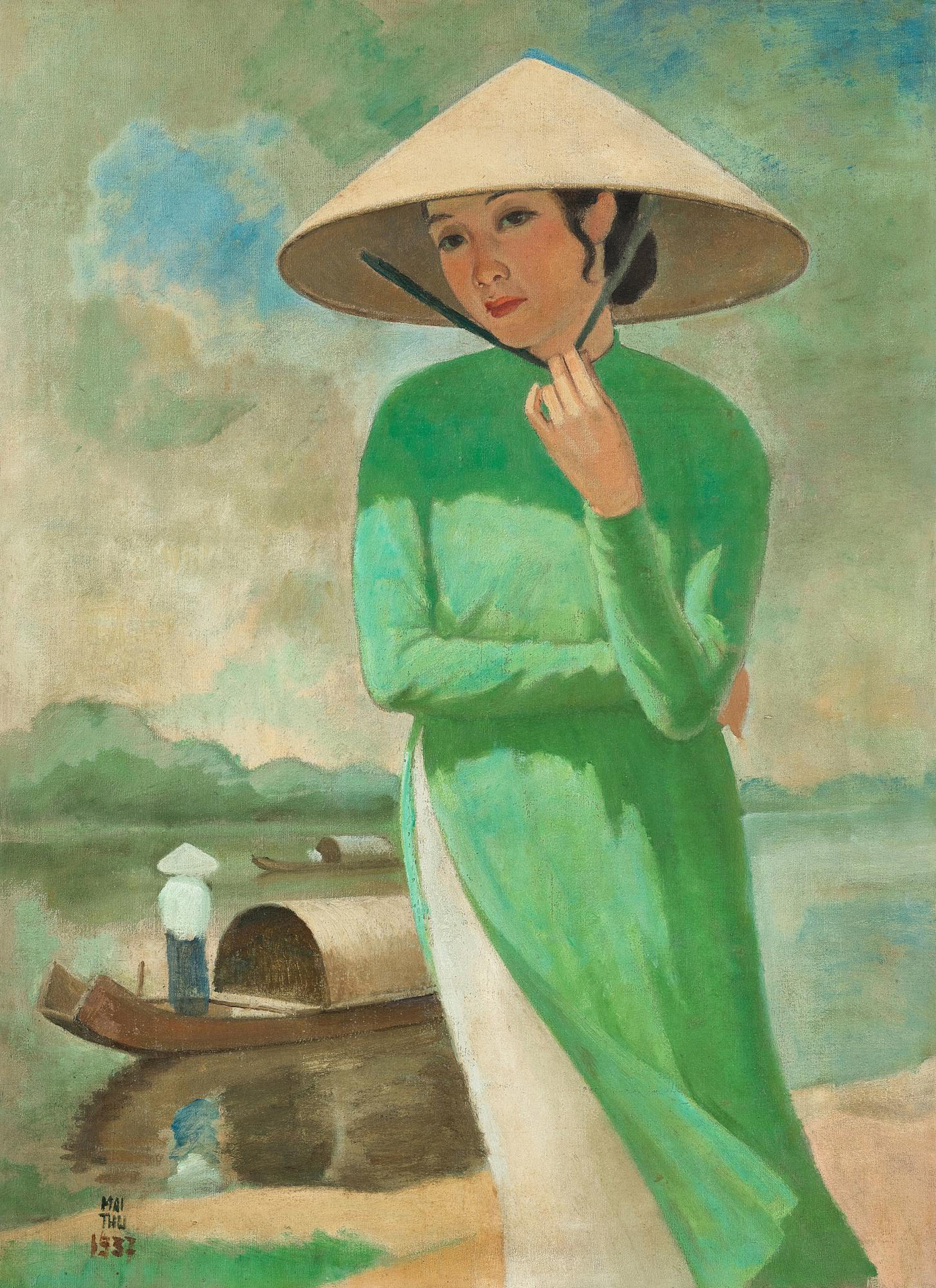 Người phụ nữ đội nón lá bên sông (Femme au chapeau conique le long de la rivière) của danh họa Mai Trung Thứ (1906-1980) có giá lên đến hơn 1,5 triệu USD (khoảng 34,5 tỷ đồng). Bức tranh được vẽ năm 1937, trước khi danh họa rời Việt Nam. Tác phẩm sơn dầu trên vải có kích cỡ 98x71 cm, thuộc bộ sưu tập tư nhân ở châu Âu.
