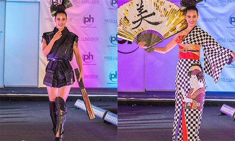 Năm 2017, Hoa hậu Momoko Abe đến từ Nhật Bản có màn &quot;biến hình&quot; ấn tượng khi bước ra sân khấu với bộ đồ ninja gợi cảm, sau đó nhanh chóng đổi phong cách duyên dáng trong trang phục kimono truyền thống