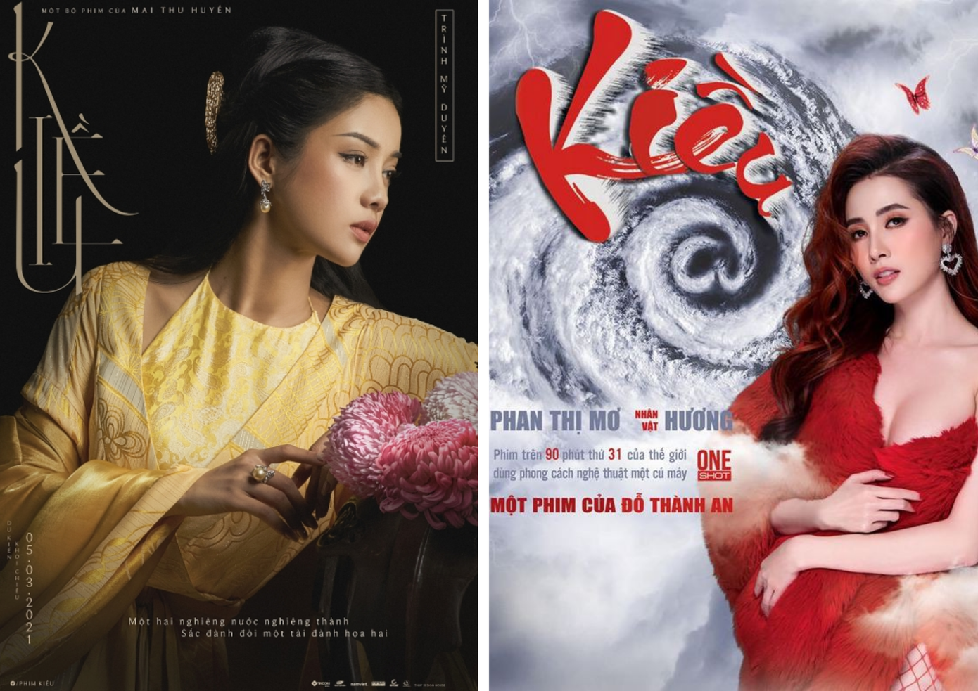 Người đẹp Trình Mỹ Duyên (trái) có lần chạm ngõ điện ảnh đầu tiên với phim &quot;Kiều&quot; của đạo diễn Mai Thu Huyền, ra rạp ngày 9/4 vừa qua. Trong khi đó, hoa hậu Phan Thị Mơ đảm nhận vai diễn nàng Kiều trong bối cảnh thời hiện đại trong &quot;Kiều@&quot;