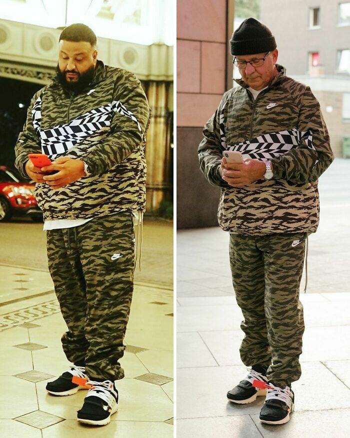 Set đồ thể thao họa tiết giống như DJ Khaled giúp cụ ông trẻ trung và cá tính hơn nhiều so với tuổi
