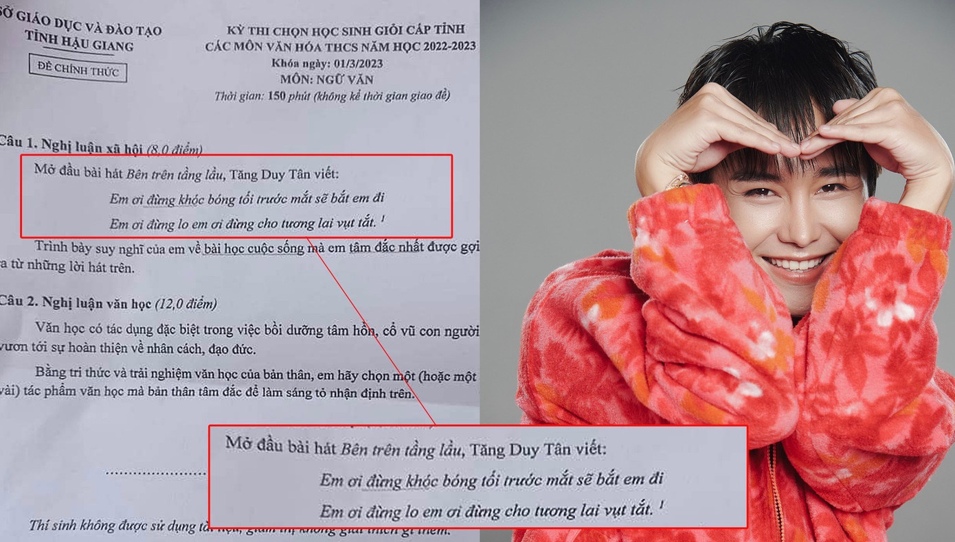 Bài hát Bên trên tầng lầu của Tăng Duy Tân xuất hiện trong đề thi học sinh giỏi cấp tỉnh môn Ngữ văn của tỉnh Hậu Giang. Bài hát Bên trên tầng lầu của Tăng Duy Tân xuất hiện trong đề thi học sinh giỏi cấp tỉnh môn Ngữ văn của tỉnh Hậu Giang.