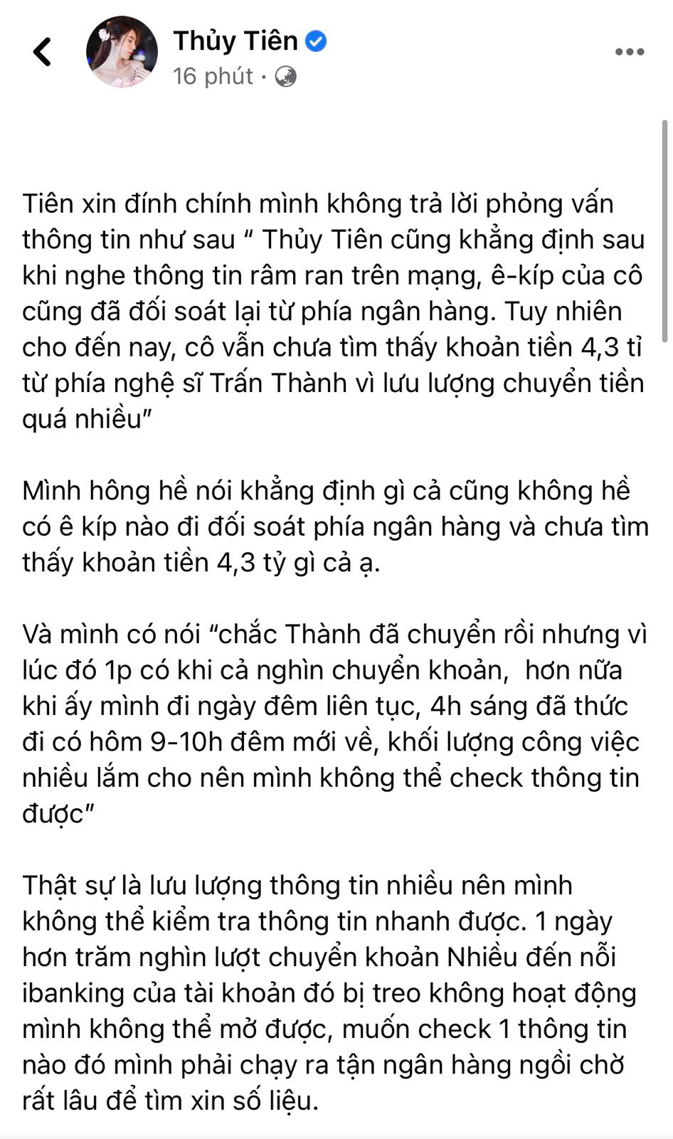 Bà xã Công Vinh đính chính trên trang cá nhân