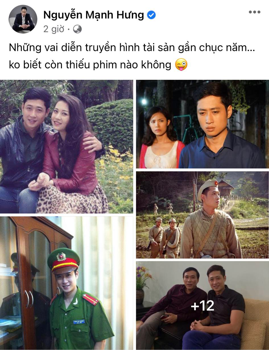 Trên trang Facebook cá nhân, diễn viên Mạnh Hưng vừa đăng tải lại hình ảnh của mình trong những bộ phim truyền hình mà anh từng tham gia. Trong suốt khoảng thời gian gần 10 năm gắn bó với màn ảnh nhỏ, Mạnh Hưng đã thử sức và ghi dấu ấn với nhiều vai diễn có màu sắc khác nhau