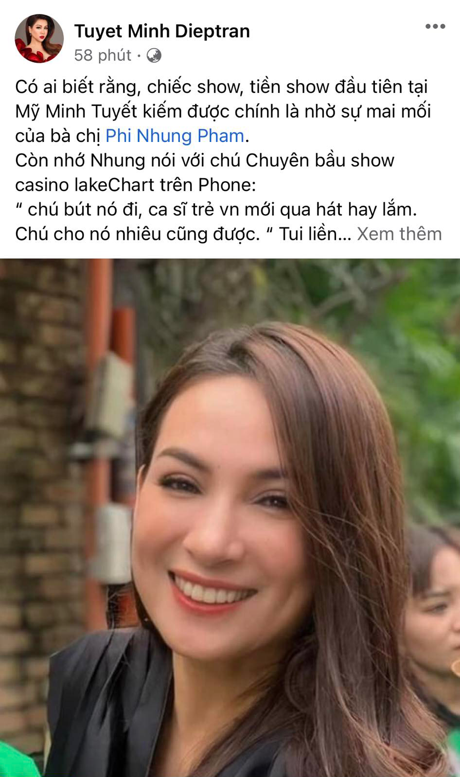 Ca sĩ Minh Tuyết đăng tải hình ảnh Phi Nhung và kể lại kỉ niệm vui của cả hai.