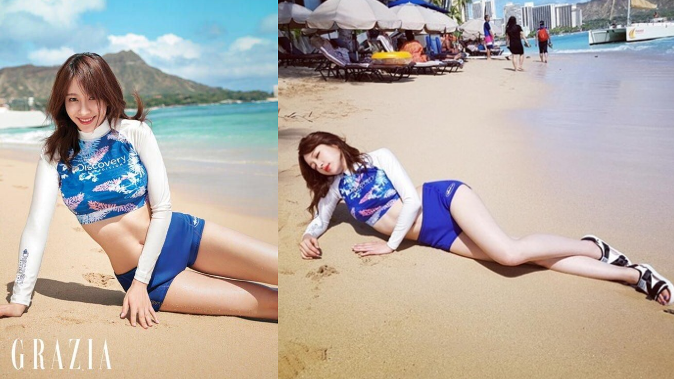 Bikini tay dài là kiểu bikini khá kín đáo, giúp bảo vệ làn da trước ánh nắng mặt trời. Nữ thần tượng Hani (nhóm EXID) cũng tích cực lăng xê kiểu áo này khi diện áo tắm dài tay phối với quần bơi cùng tông màu