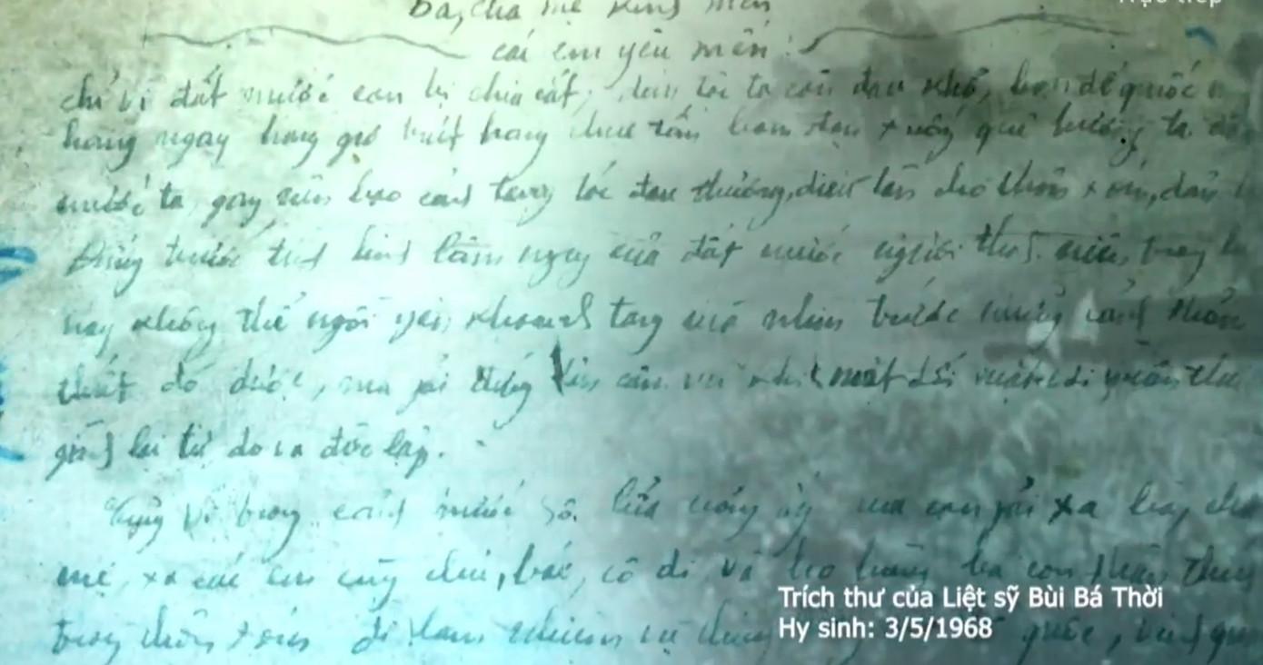 Bức thư gửi về gia đình của liệt sĩ Bùi Bá Thời.