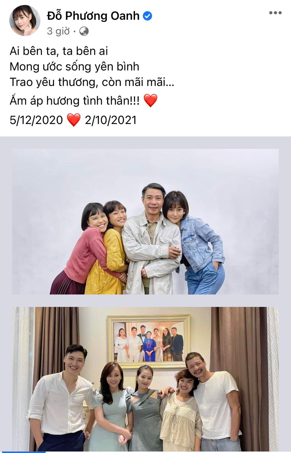 Phương Oanh mượn ca khúc nhạc phim để &quot;thay lời muốn nói&quot;. Hình ảnh cả gia đình hạnh phúc mà nữ diễn viên đăng tải khiến nhiều người xúc động. Một khán giả để lại bình luận: &quot;Sau tất cả sóng gió, Phương Nam xứng đáng được hưởng hạnh phúc bên những người thân - như vậy mới đúng là hương vị tình thân&quot;.