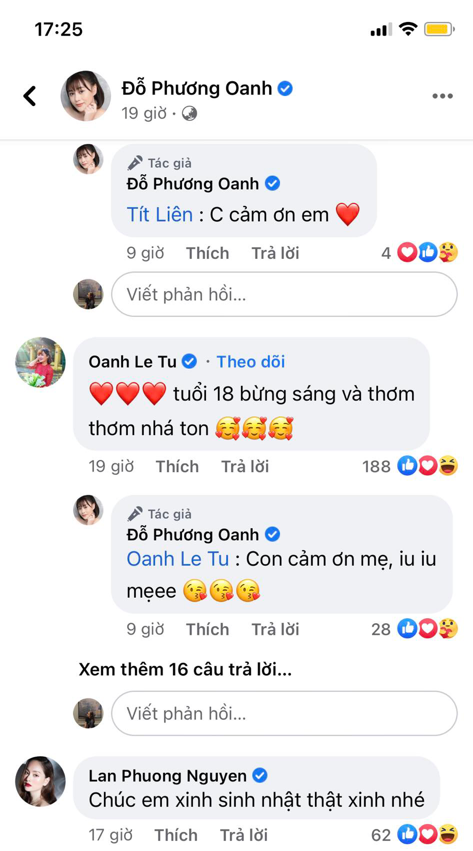 Diễn viên Tú Oanh và diễn viên Lan Phương bình luận dưới bức ảnh sinh nhật của Phương Oanh. Diễn viên Tú Oanh và diễn viên Lan Phương bình luận dưới bức ảnh sinh nhật của Phương Oanh.