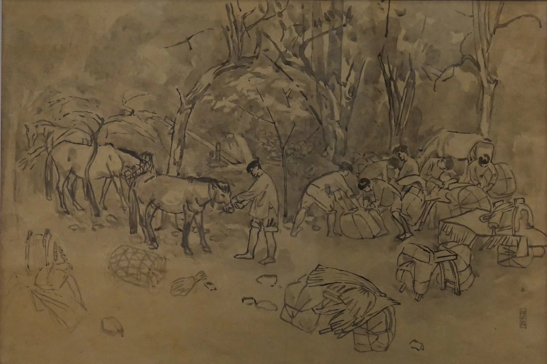 Hai tác phẩm Chuẩn bị đi chợ (trái) và May áo, đều được vẽ năm 1954. Hai tác phẩm Chuẩn bị đi chợ (trái) và May áo, đều được vẽ năm 1954.