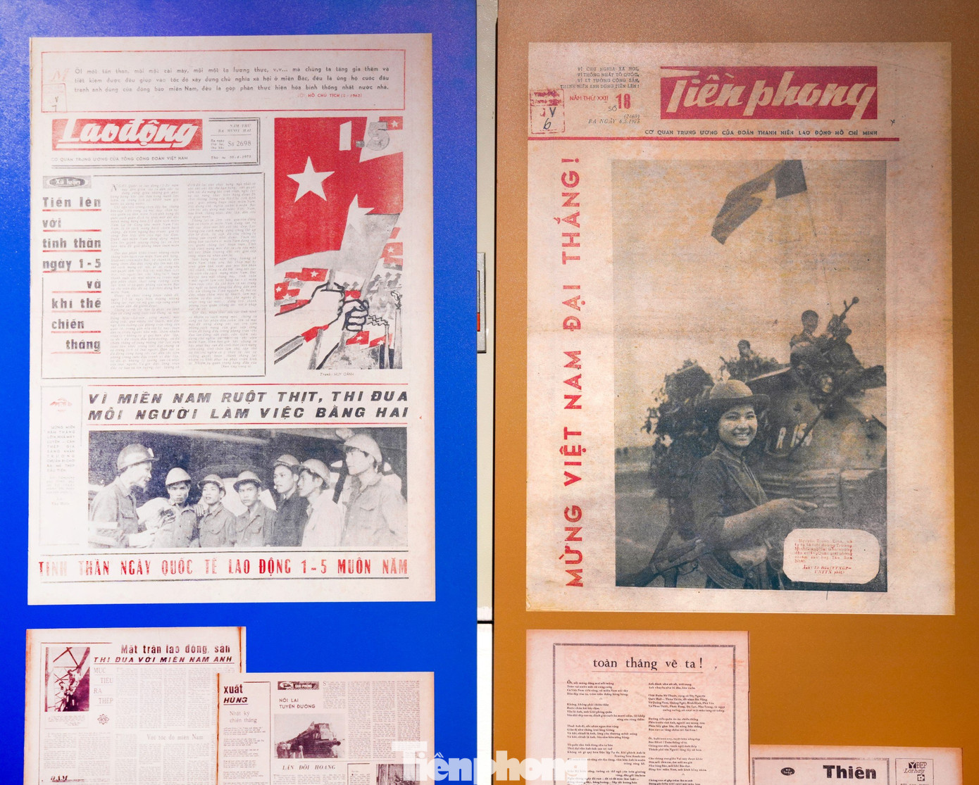 Những số báo xuất bản trong tháng 5/1975, trong đó có báo Tiền Phong.